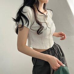 ピンタックスナップオフショルダークロップTシャツ5色 OATMEAL