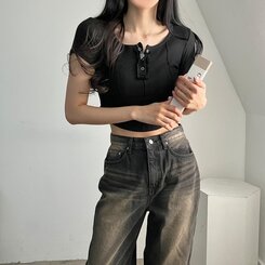 ピンタックスナップオフショルダークロップTシャツ5色 BLACK