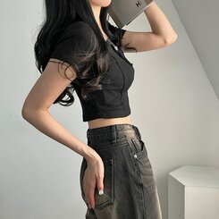 ピンタックスナップオフショルダークロップTシャツ5色 BLACK