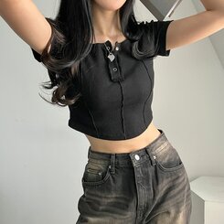 ピンタックスナップオフショルダークロップTシャツ5色 BLACK