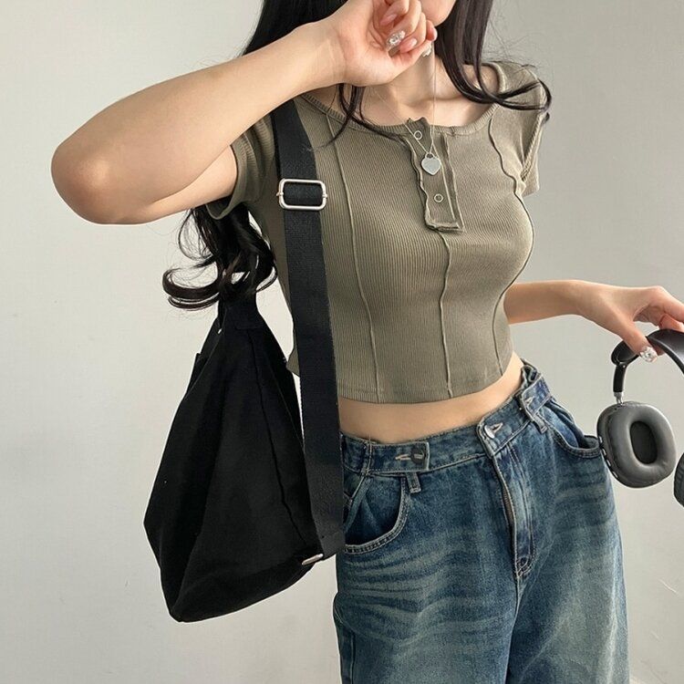 ピンタックスナップオフショルダークロップTシャツ5色 KHAKI