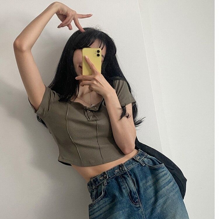 ピンタックスナップオフショルダークロップTシャツ5色 KHAKI