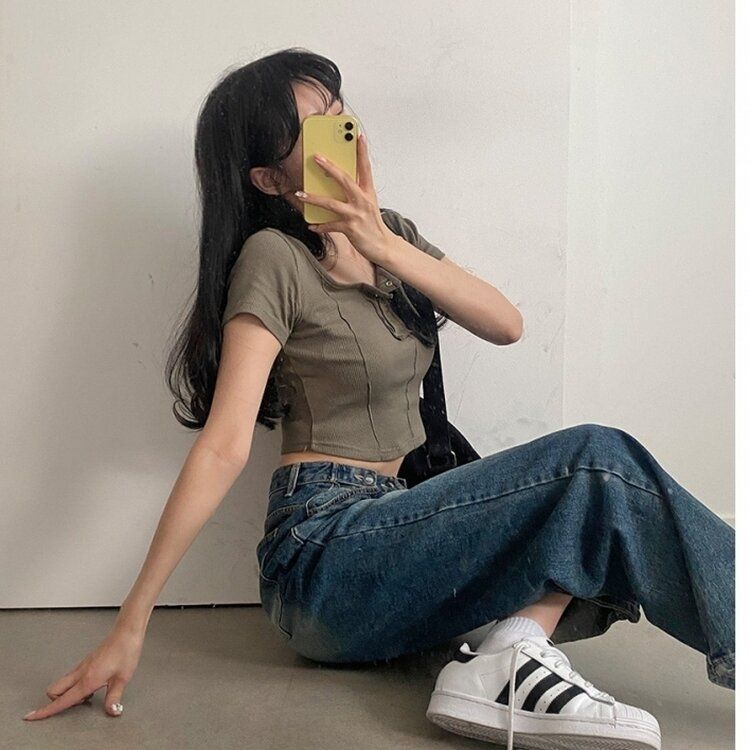 ピンタックスナップオフショルダークロップTシャツ5色 KHAKI