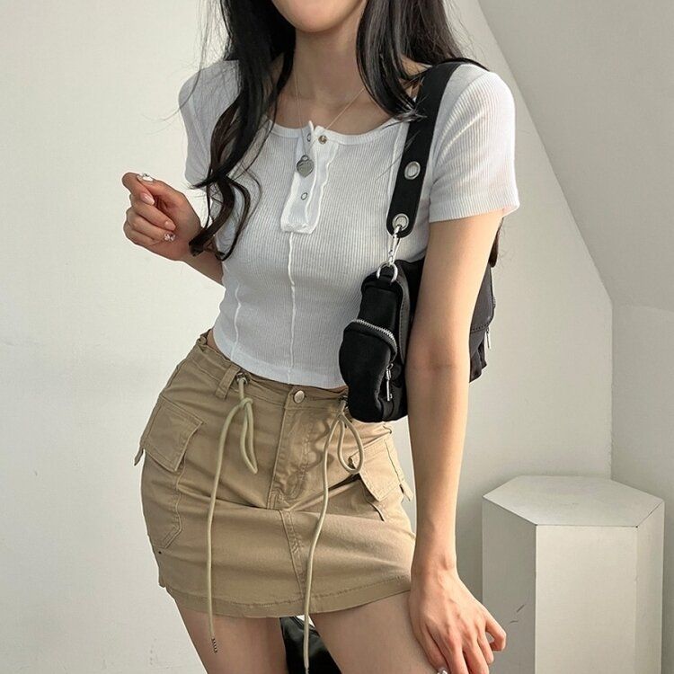 ピンタックスナップオフショルダークロップTシャツ5色 IVORY
