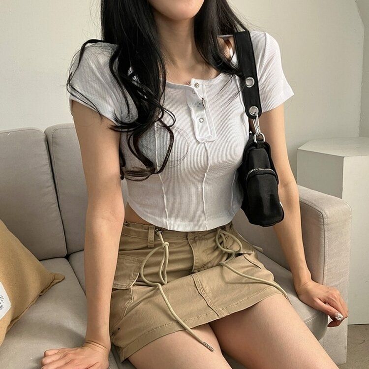 ピンタックスナップオフショルダークロップTシャツ5色 IVORY