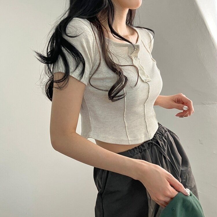 ピンタックスナップオフショルダークロップTシャツ5色 OATMEAL