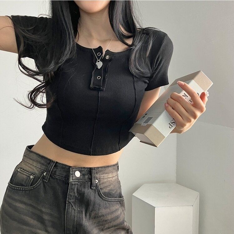 ピンタックスナップオフショルダークロップTシャツ5色 BLACK