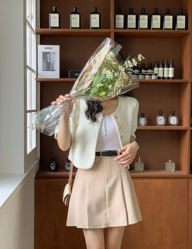 ハートボタン半袖ツイードジャケット｜ジャケット｜韓国