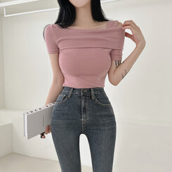 アンバランスオフショルダースリムTシャツ PINK