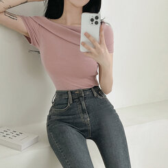 アンバランスオフショルダースリムTシャツ PINK