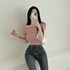 アンバランスオフショルダースリムTシャツ PINK