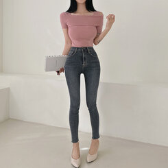 アンバランスオフショルダースリムTシャツ PINK