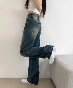 [#자체제작/당일발송] 크라운 레트로 워싱 하이웨스트 데님 팬츠 중청