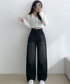 [#자체제작/당일발송] 크라운 레트로 워싱 하이웨스트 데님 팬츠 흑청
