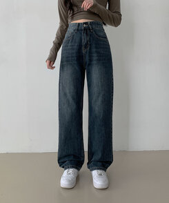 ハイウエストストレートワイドデニムパンツ(SHORT/LONG) DARK DENIM