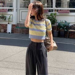 スクエアネックストライプ半袖クロップニット｜ニット｜韓国