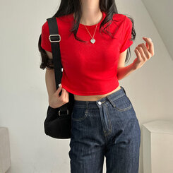 半袖Tシャツ ベーシックスリムクロップTシャツ7色 RED