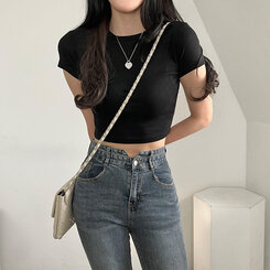 半袖Tシャツ ベーシックスリムクロップTシャツ7色 BLACK