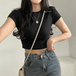 半袖Tシャツ ベーシックスリムクロップTシャツ7色 BLACK