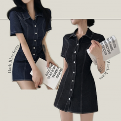 ミニワンピース ステッチスリムバックゴムミニワンピース(SHORT/BASIC) DARK BLUE