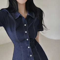 ミニワンピース ステッチスリムバックゴムミニワンピース(SHORT/BASIC) DARK BLUE