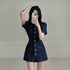 ミニワンピース ステッチスリムバックゴムミニワンピース(SHORT/BASIC) DARK BLUE