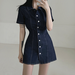 ミニワンピース ステッチスリムバックゴムミニワンピース(SHORT/BASIC) DARK BLUE