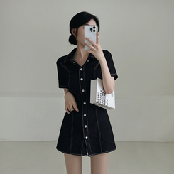 ミニワンピース ステッチスリムバックゴムミニワンピース(SHORT/BASIC) BLACK