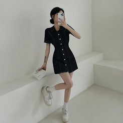 ミニワンピース ステッチスリムバックゴムミニワンピース(SHORT/BASIC) BLACK