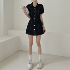ミニワンピース ステッチスリムバックゴムミニワンピース(SHORT/BASIC) BLACK