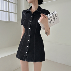 ミニワンピース ステッチスリムバックゴムミニワンピース(SHORT/BASIC) BLACK