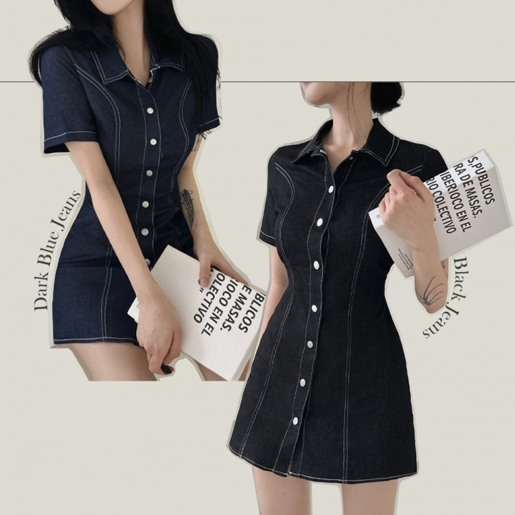 ステッチスリムバックゴムミニワンピース(SHORT/BASIC) DARK BLUE
