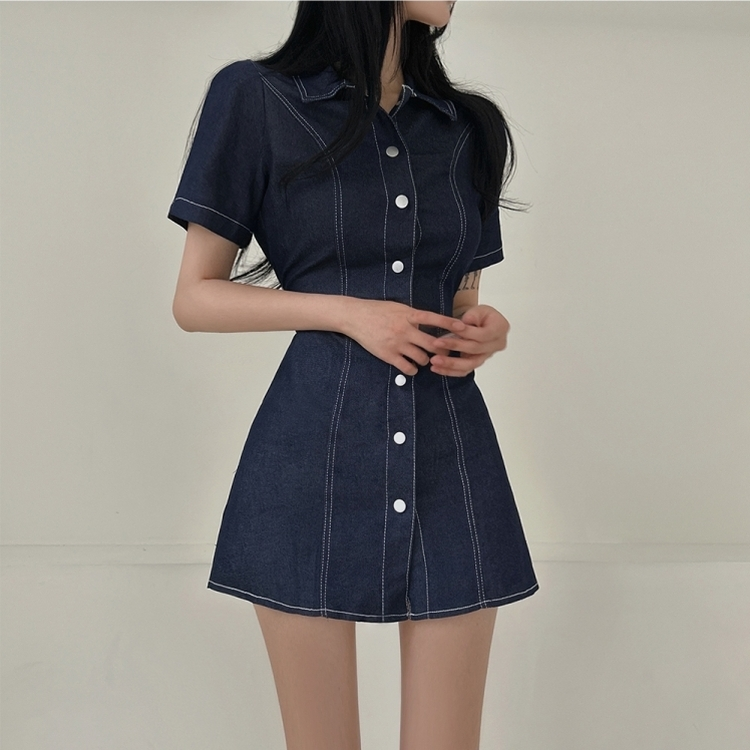 ステッチスリムバックゴムミニワンピース(SHORT/BASIC) DARK BLUE