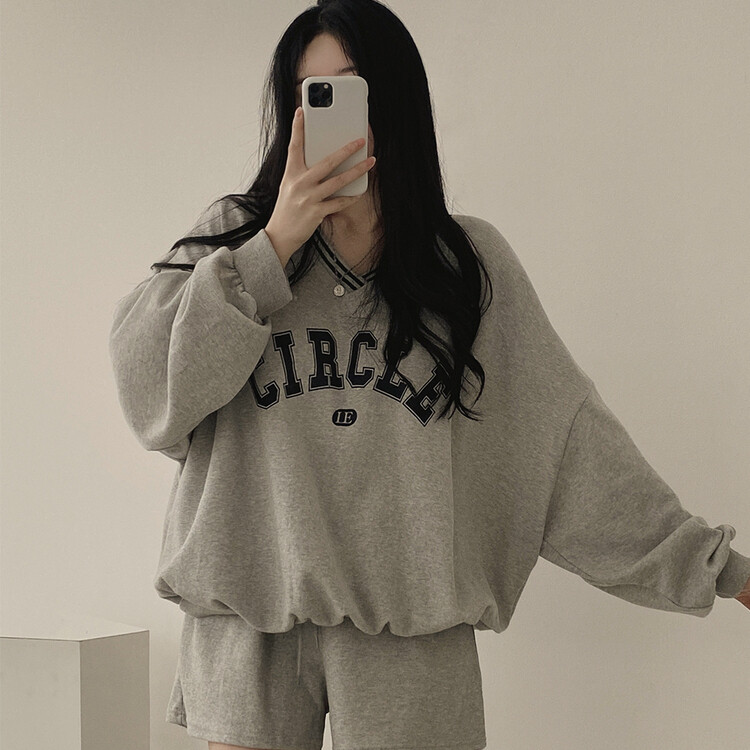 [SET]配色Vネックレタリングトレーナー ショートパンツ グレー