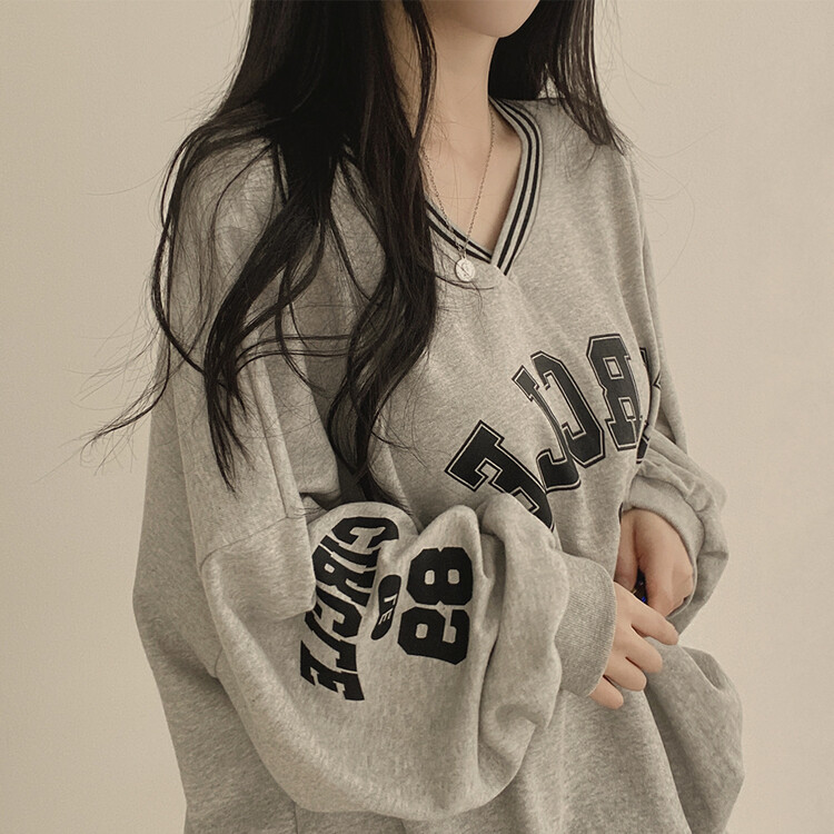 [SET]配色Vネックレタリングトレーナー ショートパンツ グレー