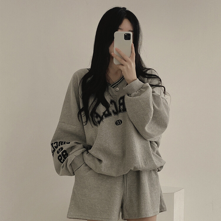 [SET]配色Vネックレタリングトレーナー ショートパンツ グレー