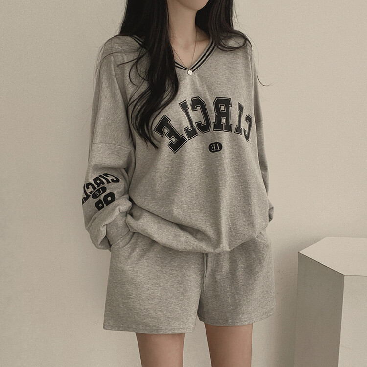 [SET]配色Vネックレタリングトレーナー ショートパンツ グレー