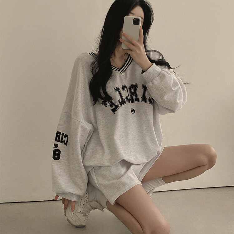 [SET]配色Vネックレタリングトレーナー ショートパンツ ホワイトメランジ