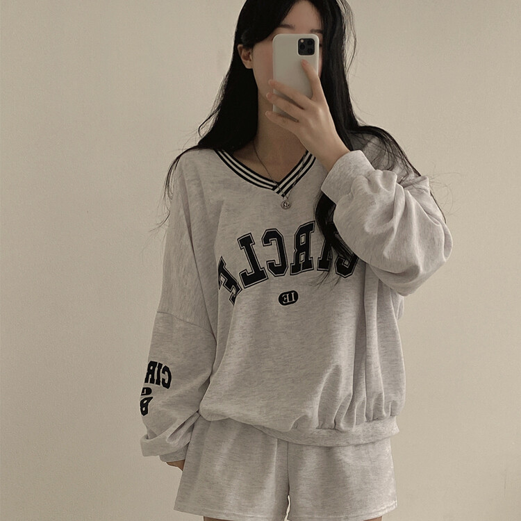 [SET]配色Vネックレタリングトレーナー ショートパンツ ホワイトメランジ