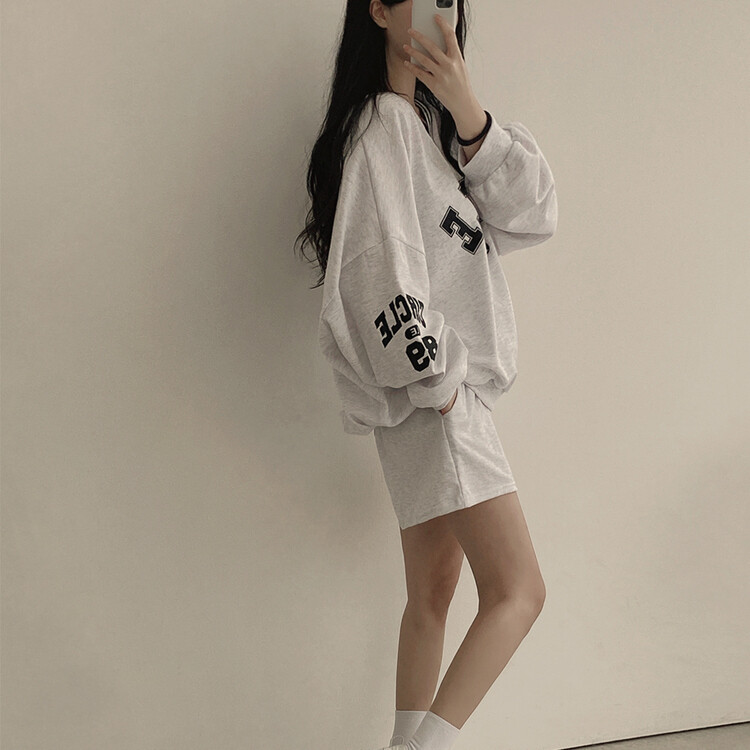 [SET]配色Vネックレタリングトレーナー ショートパンツ ホワイトメランジ