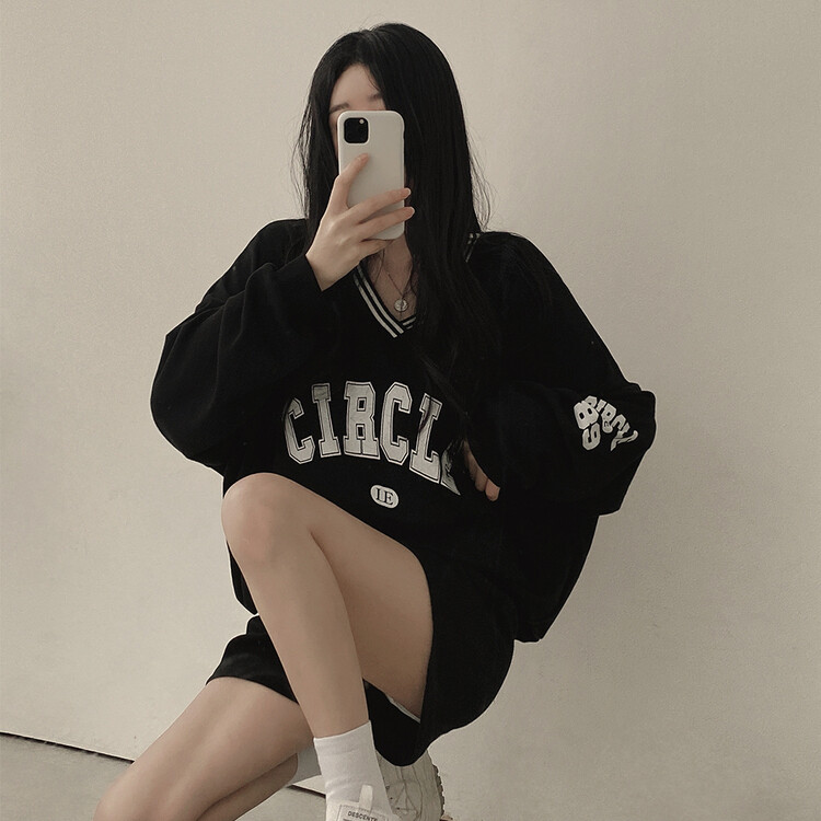 [SET]配色Vネックレタリングトレーナー ショートパンツ ブラック