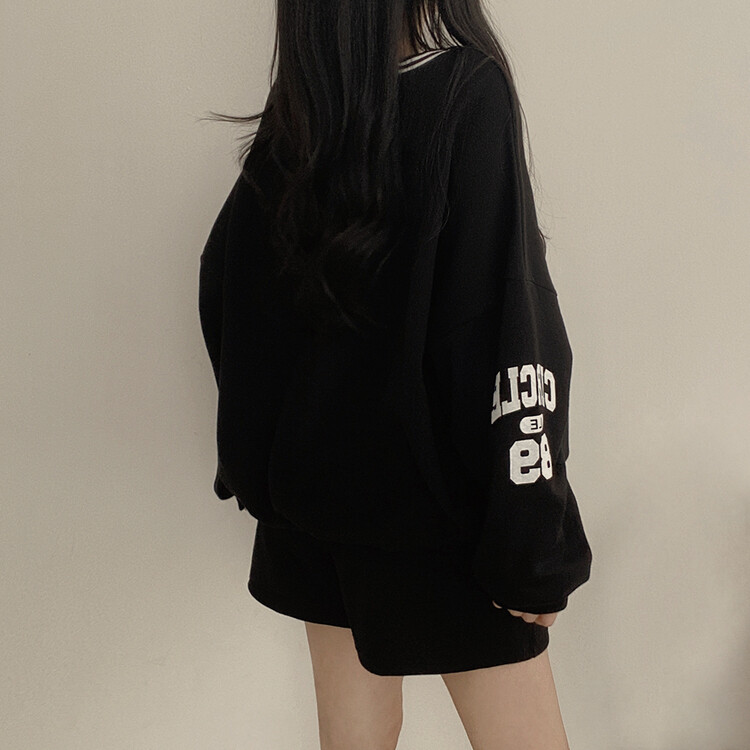 [SET]配色Vネックレタリングトレーナー ショートパンツ ブラック