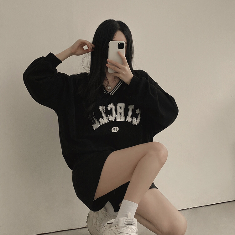 [SET]配色Vネックレタリングトレーナー ショートパンツ ブラック