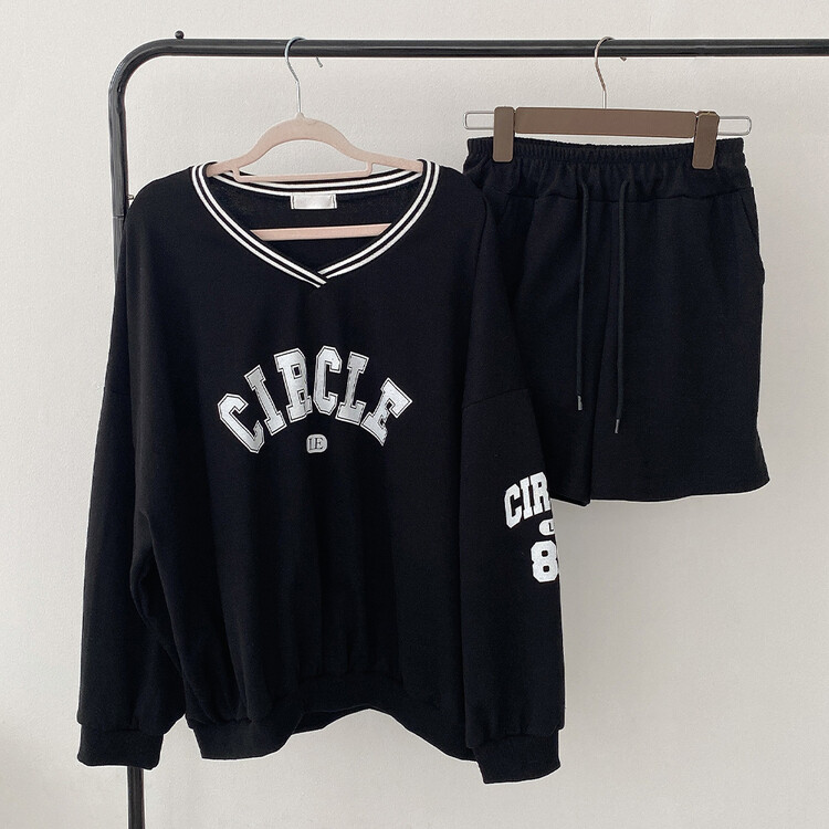 [SET]配色Vネックレタリングトレーナー ショートパンツ