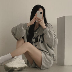 [SET]配色Vネックレタリングトレーナー ショートパンツ グレー