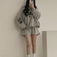 [SET]配色Vネックレタリングトレーナー ショートパンツ グレー