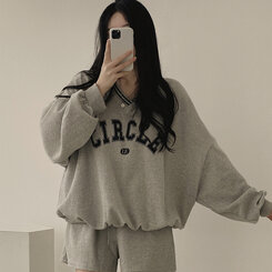 [SET]配色Vネックレタリングトレーナー ショートパンツ グレー