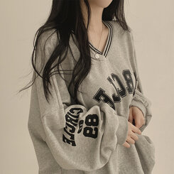 [SET]配色Vネックレタリングトレーナー ショートパンツ グレー