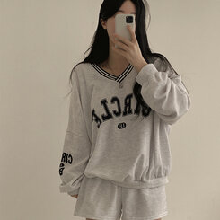 [SET]配色Vネックレタリングトレーナー ショートパンツ ホワイトメランジ