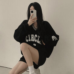 [SET]配色Vネックレタリングトレーナー ショートパンツ ブラック